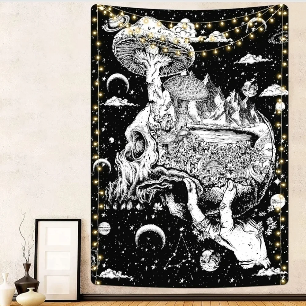 Hand Holding Skull Black White Mushroom Moon Dark Fantasy Goth Big Wall Tapestry